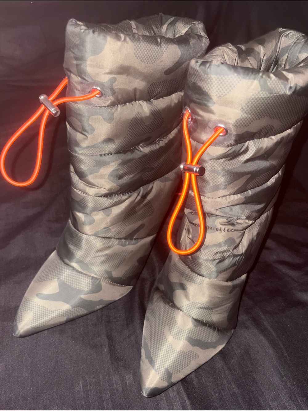Steve Madden Camo Quilted Pointed-Toe Women’s Boots with Neon Toggle